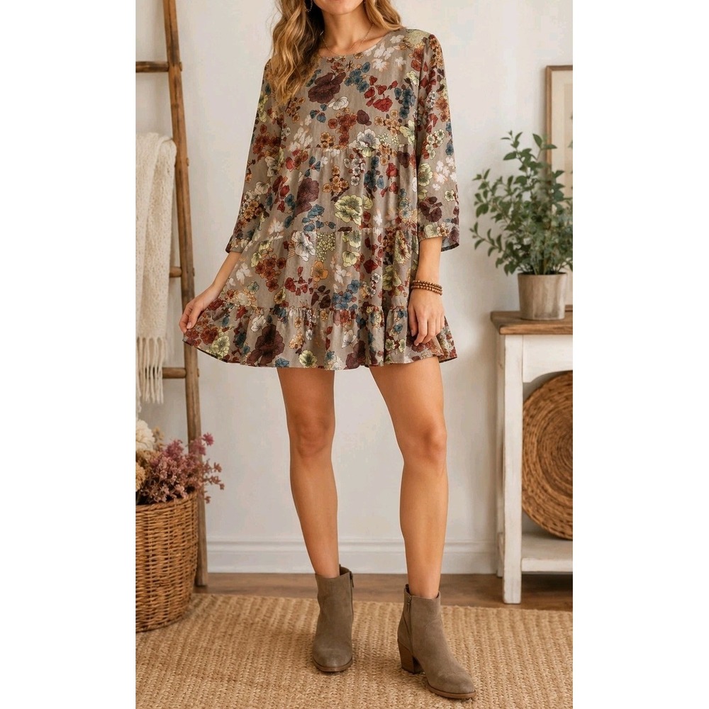 Natural Life Floral Tiered Babydoll Dress Boho Cottagecore 3/4 Sleeve M